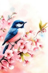 Bird on tree branch with beautiful flower in Spring.
