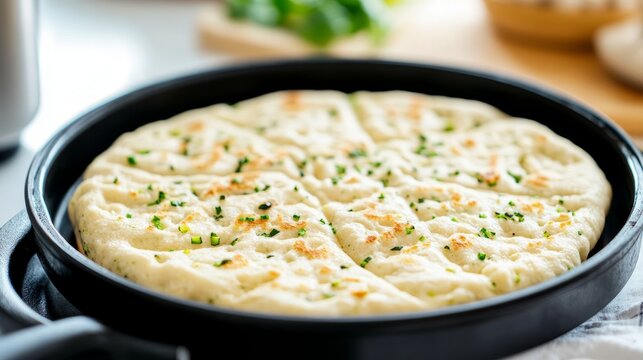 Thick flatbread, homemade flatbread, dough close-up, kitchen background,  homemade cooking