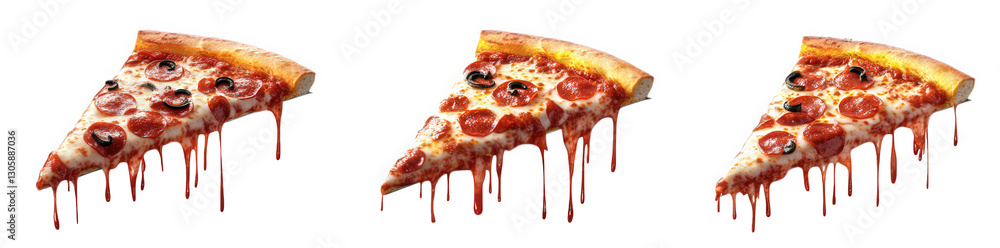 Poster three slices of pizza. each with melted cheese and toppings. showcasing a delicious and appetizing a