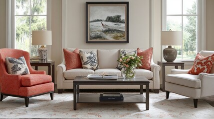 Chic living room with a three-seat sofa, two accent chairs, and a coffee table positioned for easy conversation and movement