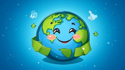 Naklejka premium Happy Earth Cartoon Character with Recycle Symbol for Environmental Awareness