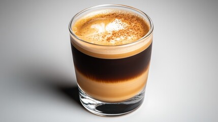 Beautifully Layered Coffee Drink with Creamy Texture in a Clear Glass on Neutral Background