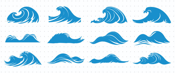 Fototapeta premium Stylized ocean wave illustrations, isolated element set vector