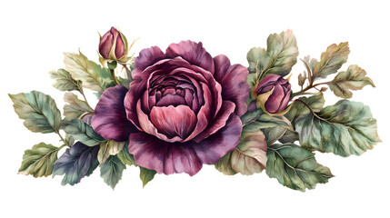 A painting of a flower with three small flowers on it. The flower is purple and the background is white