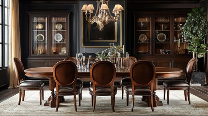 Classic elegant dining room with a large mahogany table, antique dining chairs, and a statement chandelier overhead