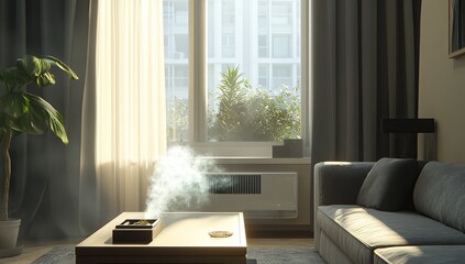 Sunlit Modern Apartment Living Room with Gray Sofa and Incense Smoke
