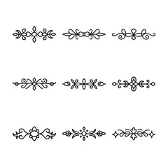 Set of decorative line art dividers with floral and scroll designs.