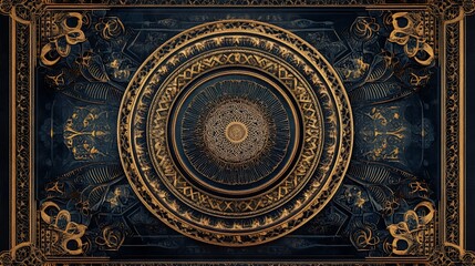 Intricate Golden Mandala on Dark Blue Background, Art Deco Design