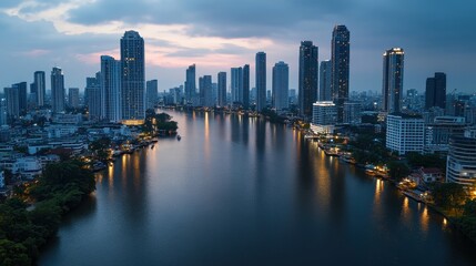 Fototapeta premium Aerial View of Urban Skyline with River Reflections at Dusk in a Bustling City