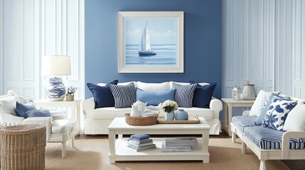 Coastal-inspired room in blue and white with navy striped cushions, white furniture, and light blue wall accents