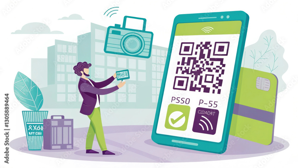 Aufkleber person interacts with large smartphone displaying qr code, surrounded by digital icons and cityscape