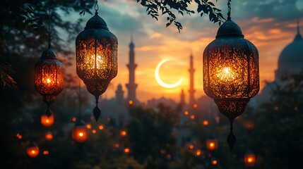 Obraz premium Glowing Lanterns with Crescent Moon and Minarets at Sunset