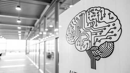 digital brain illustration is displayed wall modern office setting, symbolizing artificial intelligence and technology integration. monochrome image highlights sleek, futuristic design of