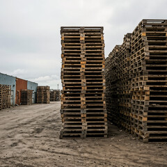 Tall Stacks of Wooden Pallets in Industrial Storage Yard