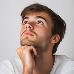 Obraz premium Young Bearded Man Pondering Creativity and Ideas in Casual Wear – Studio Portrait Headshot