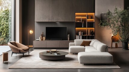Comfortable living room with a cozy sectional, a side chair, and a TV unit, creating a welcoming and functional space