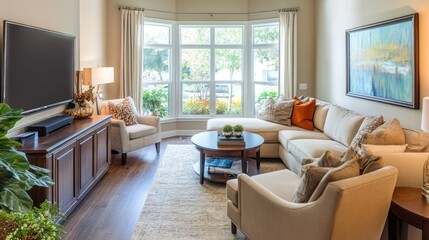 Comfortable living room with a cozy sectional, a side chair, and a TV unit, creating a welcoming and functional space
