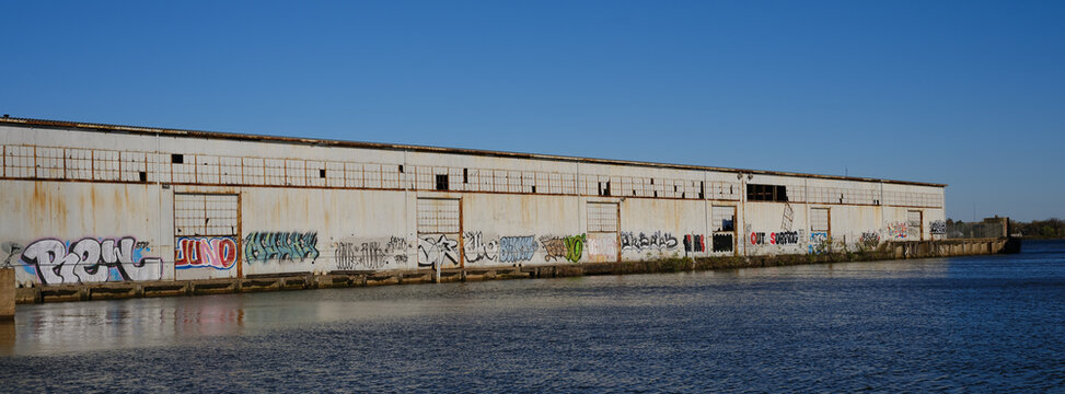 Panoramic image of an abamdoned pier on the Delaware River and Philadelphia's waterfront