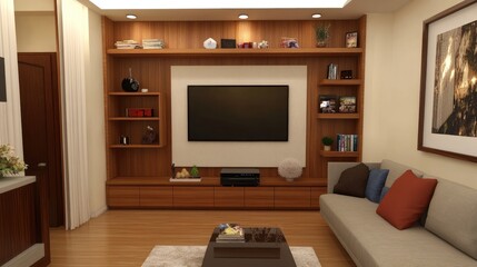 Compact apartment living room with a small sofa, wall-mounted TV, and shelving units for a neat and organized space