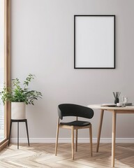 Minimalist dining room with a black chair. a wooden table. a plant. and a blank frame on the wall
