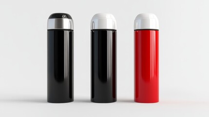 Three Cylindrical Thermos Mockup Black, Red and Silver, Product Design, 3D Render, Thermos, Mockup Thermos, Mockup