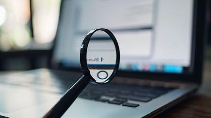 Close-up of laptop screen with search bar and magnifying glass icon, representing online privacy and data security concerns in digital age.