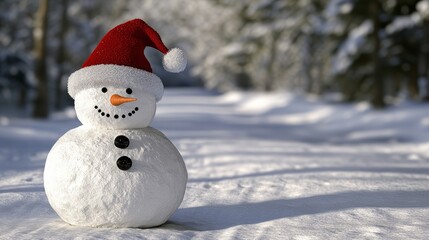 Fototapeta premium Snowy Wonderland 3D Rendered Snowman in Santa Hat, Winter Scene, Christmas Concept, Digital Art Snowman, 3D Render