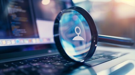 Close-up of laptop screen with search bar and magnifying glass icon, representing online privacy and data security concerns in digital age.