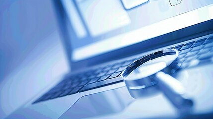 Close-up of laptop screen with search bar and magnifying glass icon, representing online privacy and data security concerns in digital age.