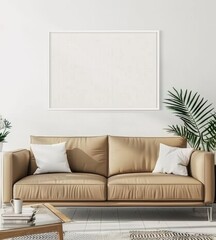 Minimalist living room interior with a beige sofa. a coffee table. and a white framed picture on the wall