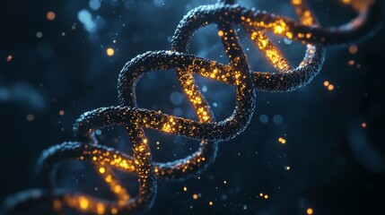 Glowing DNA Helix 3D Render, Dark Blue Background, Genetic Code, Biotechnology DNA, Genetics