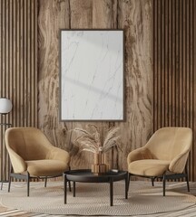 Two beige armchairs and a black coffee table with a vase of dried pampas grass in front of a wooden wall with a framed marble print in a modern living room