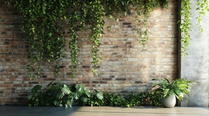 Brick Wall with Hanging Vines and Tropical Plants, Interior Design, Plant Wall Composition Plant decor, Brick wall background