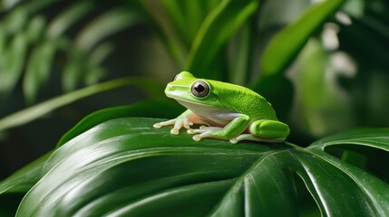 Green Frog Resting on Large Leaf Surrounded by Lush Tropical Foliage in Natural Habitat