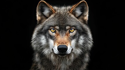 Obraz premium Majestic Gray Wolf Portrait Against Black Background