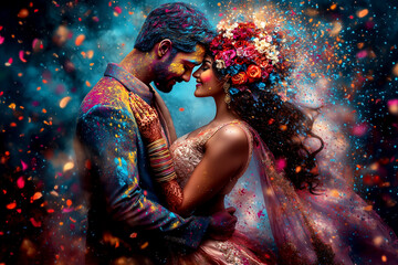 A couple is embracing in a colorful, vibrant setting. The man is wearing a blue suit and the woman is wearing a pink dress. The scene is full of color and energy, and it conveys a sense of love