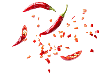 Floating sliced red chili peppers with seeds and chopped pieces on a transparent background, spicy food ingredient, dynamic culinary composition for cooking and seasoning concepts