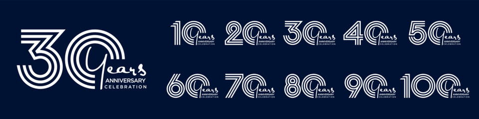 collection anniversary 10 to 100 year logo designs. abstract number for celebration event, wedding, greeting card, and invitation, vector illustration