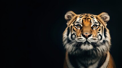 Fototapeta premium Majestic Close-Up Portrait of a Tiger with Striking Eyes Against a Dark Background