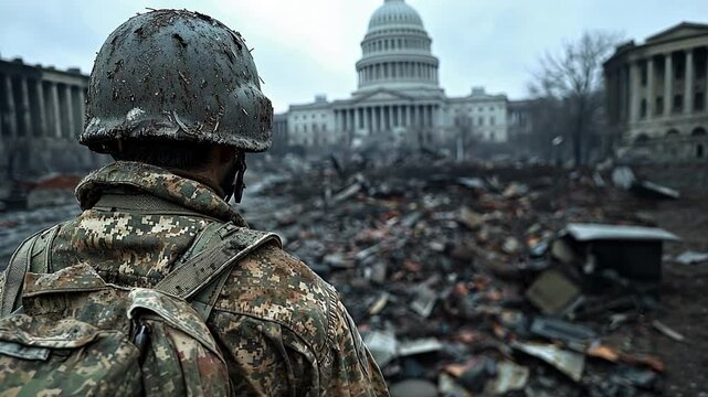 A lone soldier in a tattered uniform stands amid the haunting ruins of Washington D.C., the Capitol barely recognizable.