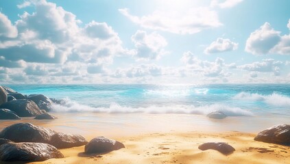 Serene Beach Landscape with Blue Ocean Waves and Rocks Under Sunny Sky