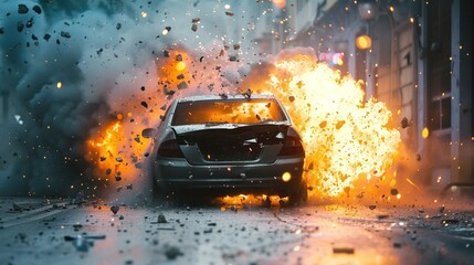 Dramatic image depicting a high intensity car crash explosion in an urban cityscape setting  The scene shows a wrecked vehicle engulfed in flames with smoke and debris filling the air