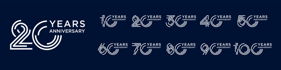 collection anniversary 10 to 100 year logo designs. abstract number for celebration event, wedding, greeting card, and invitation, vector illustration