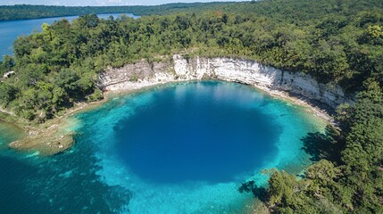 Aerial View of a Lush Tropical Island with a Vibrant Blue Hole Lagoon