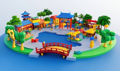 3D Chinatown park with pond, bridge, and people, ideal for travel ads