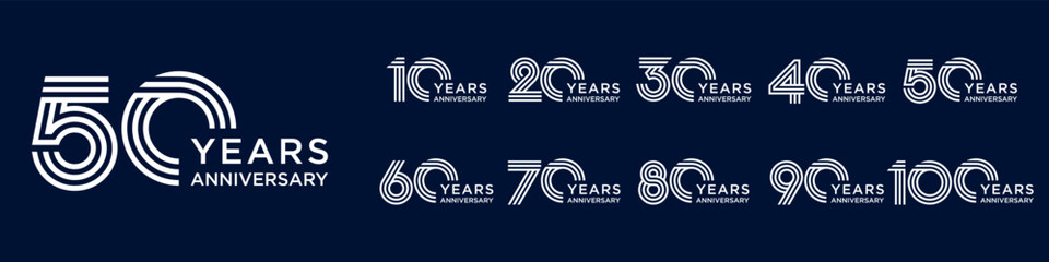 collection anniversary 10 to 100 year logo designs. abstract number for celebration event, wedding, greeting card, and invitation, vector illustration