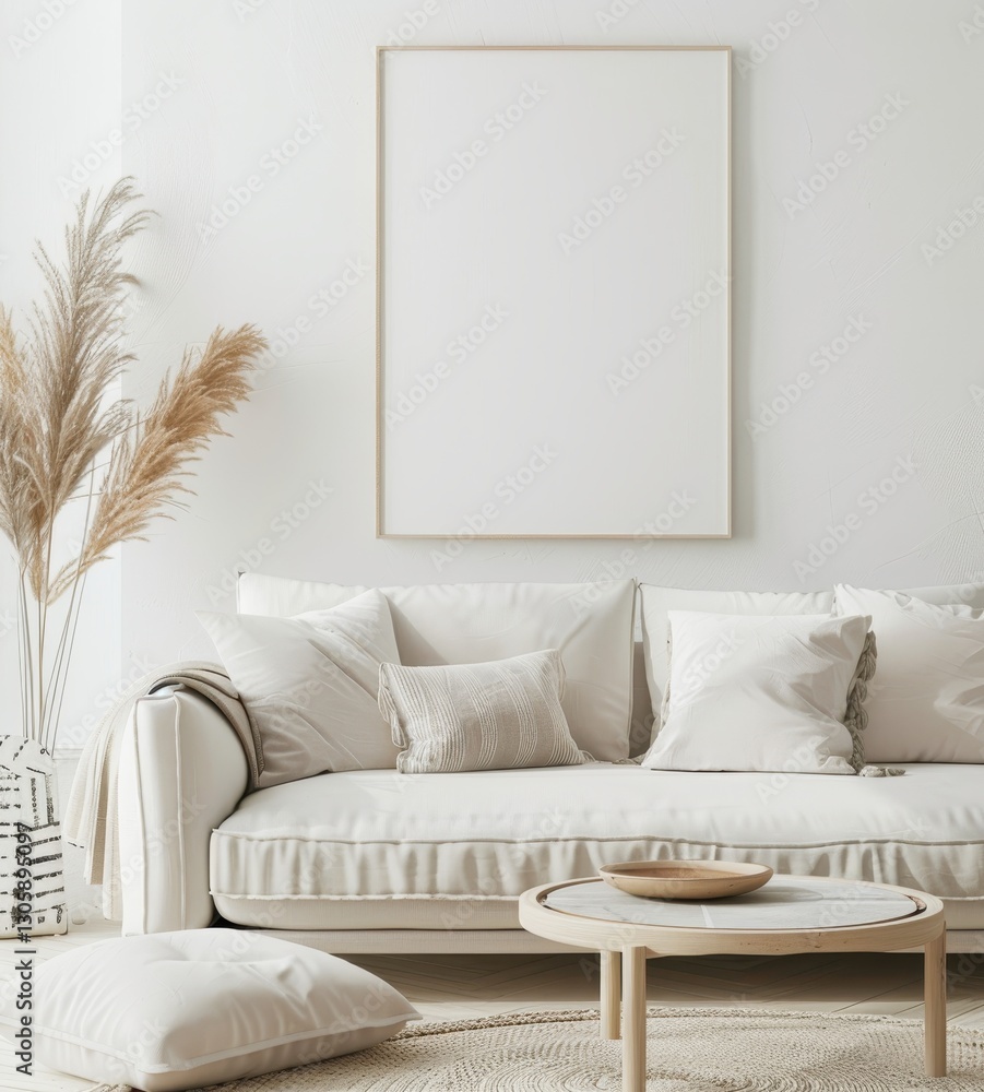 Poster a white couch with pillows and a throw blanket sits in front of a large. empty picture frame in a mi
