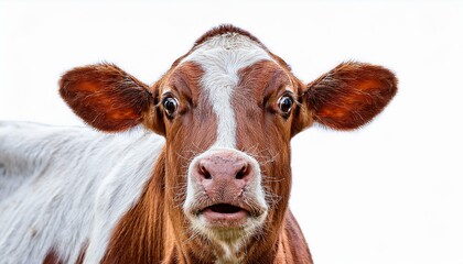 surprised cow with goofy face mooing and looking at camera isolated on white background close up portrait of funny animal