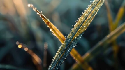 Fototapeta premium Close-up of dewy grass blades in soft morning light