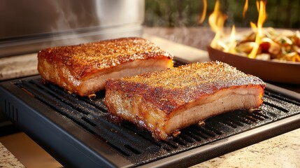 Sizzling Barbecue Pork Belly Cooking on Grill with Flames and Side Dish in Background